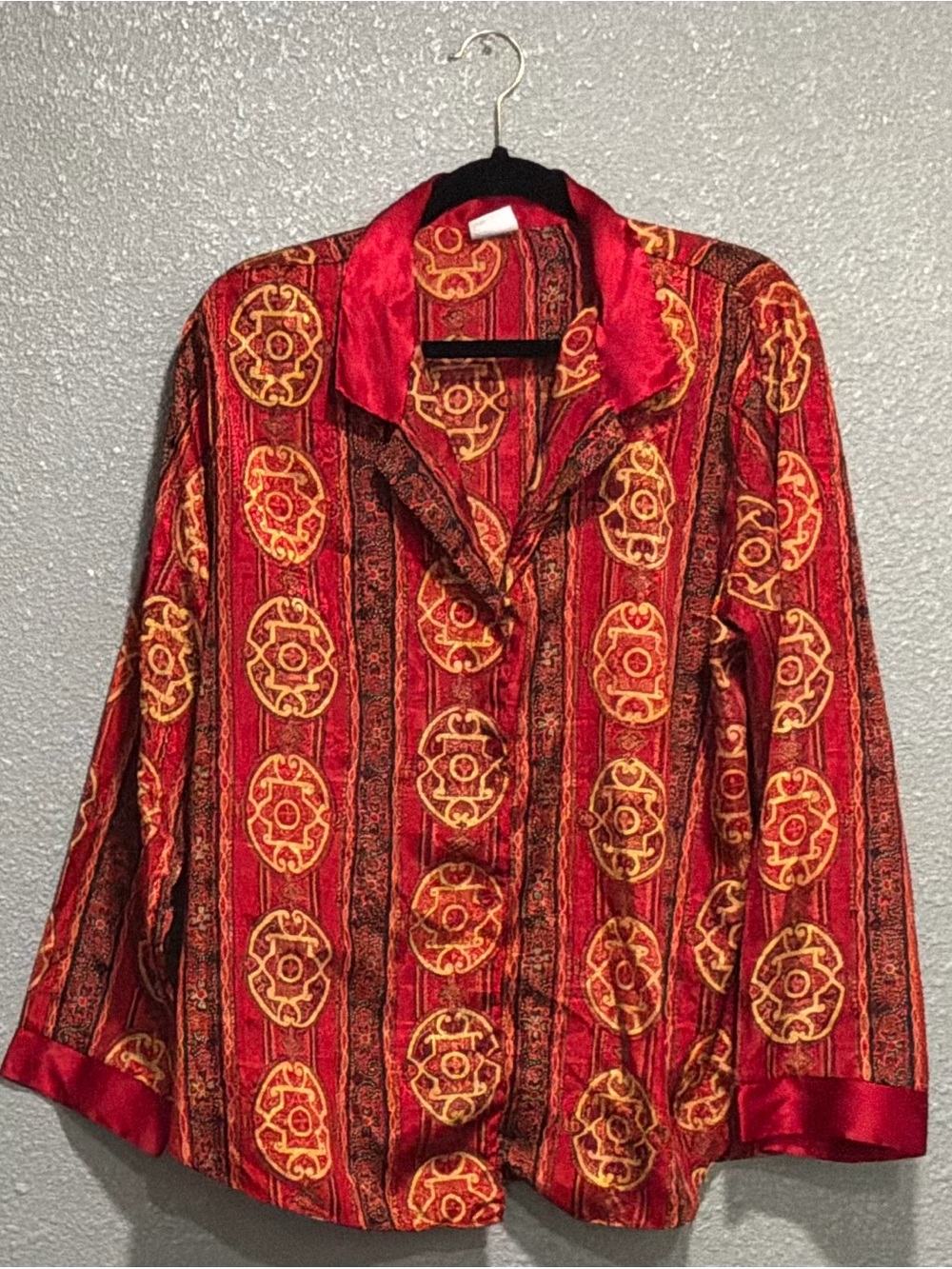 Red Printed Satin Button-Front Shirt with Gold Medallion Motif